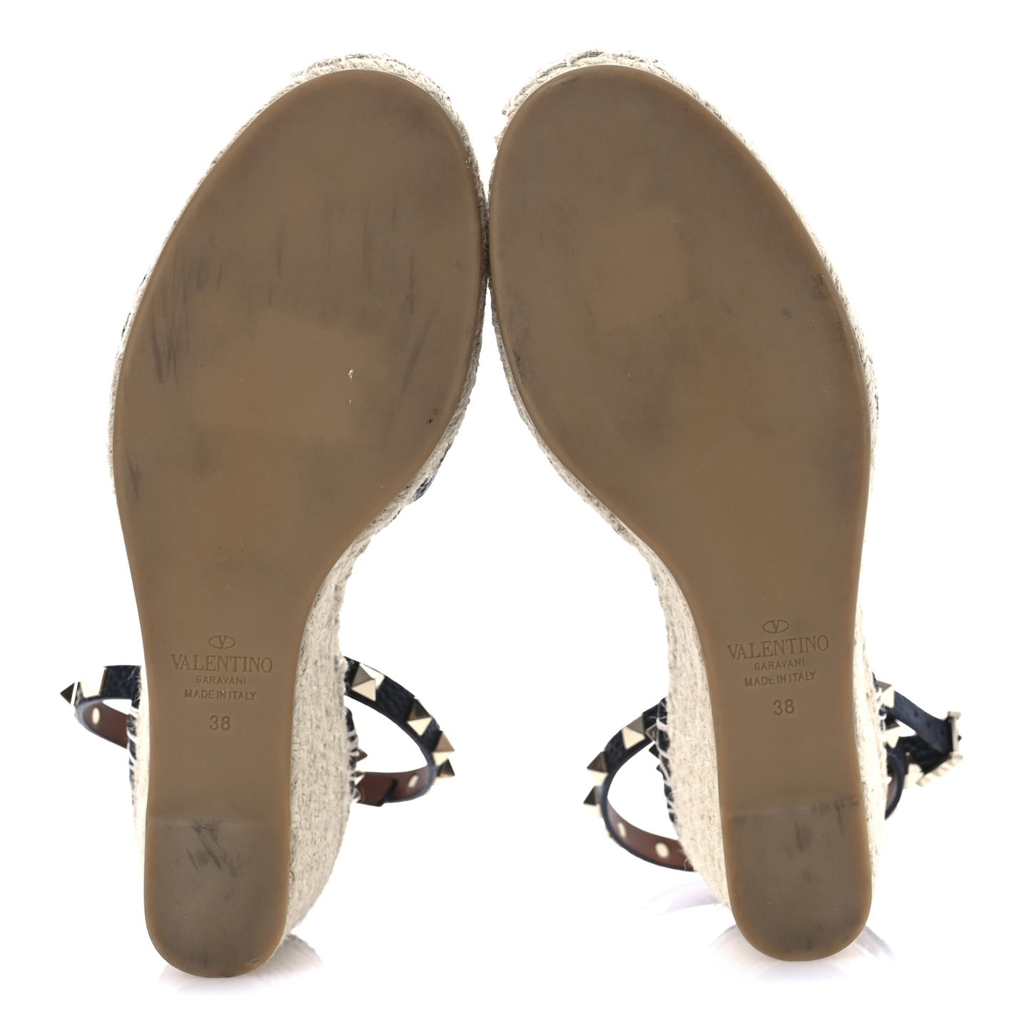 Grained Calfskin Rockstud Ankle Wrap Espadrille 15/85mm Wedges 38 Black Light Cuir