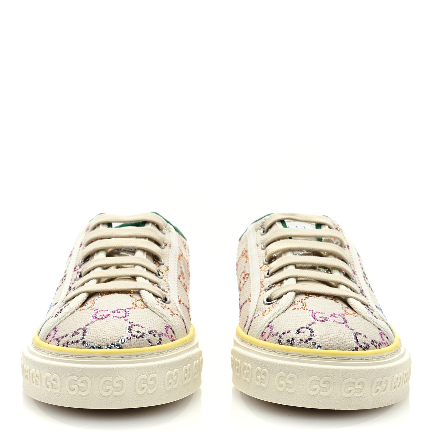 Canvas Lame Crystal GG Monogram Womens 1977 Tennis Sneakers 39.5 Gardenia Silver Mystic White