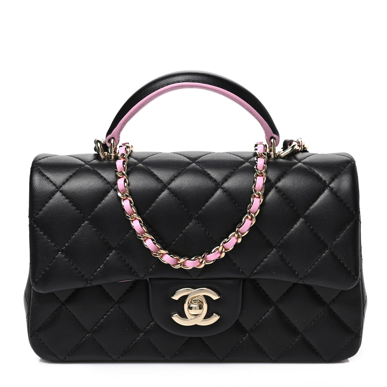 Chanel Lambskin Quilted Bi-Color Mini Top Handle Rectangular Flap Black Lilac 1 of 8