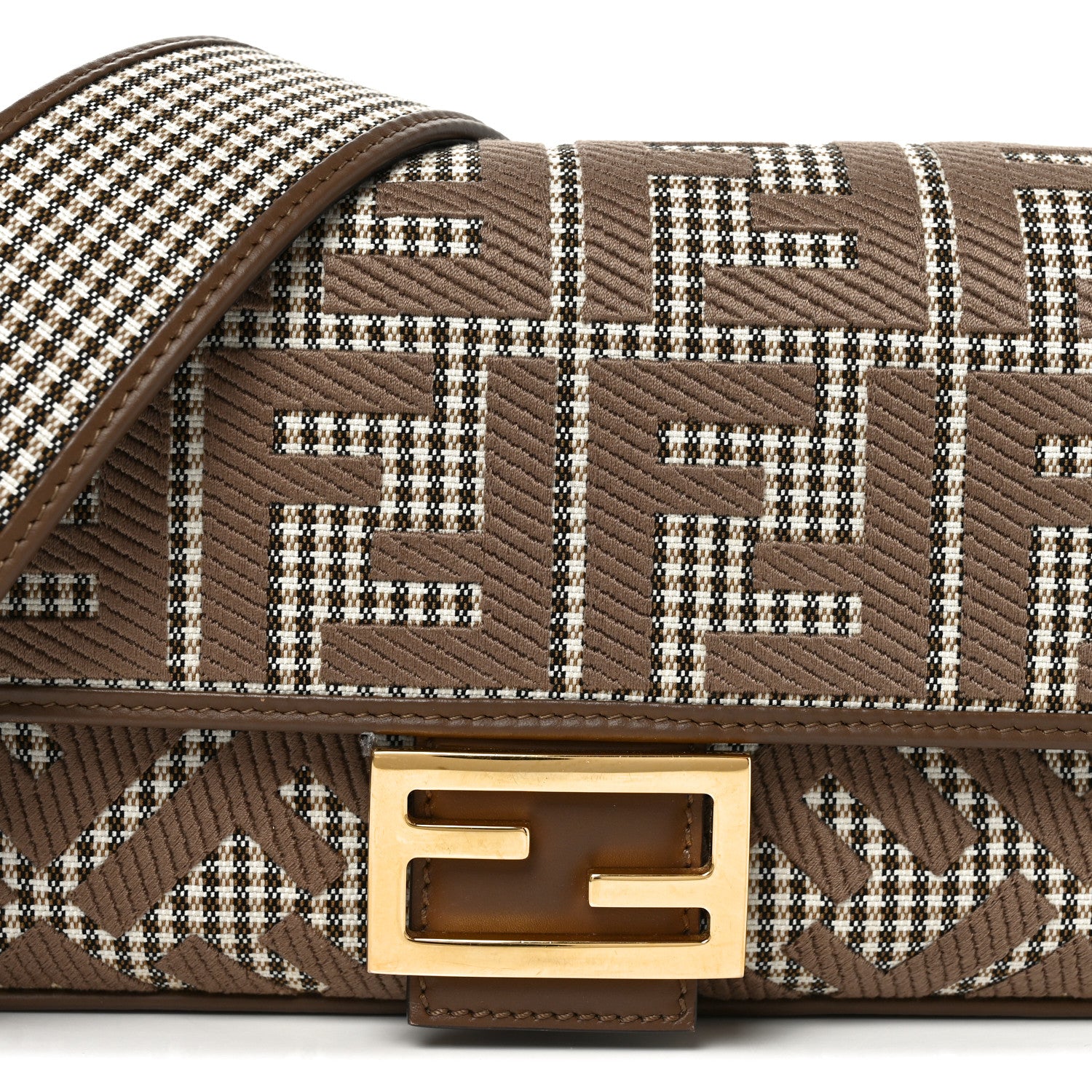 Fendi Wool Vitello King Houndstooth FF Embroidered Baguette Beige Moro 8 of 10