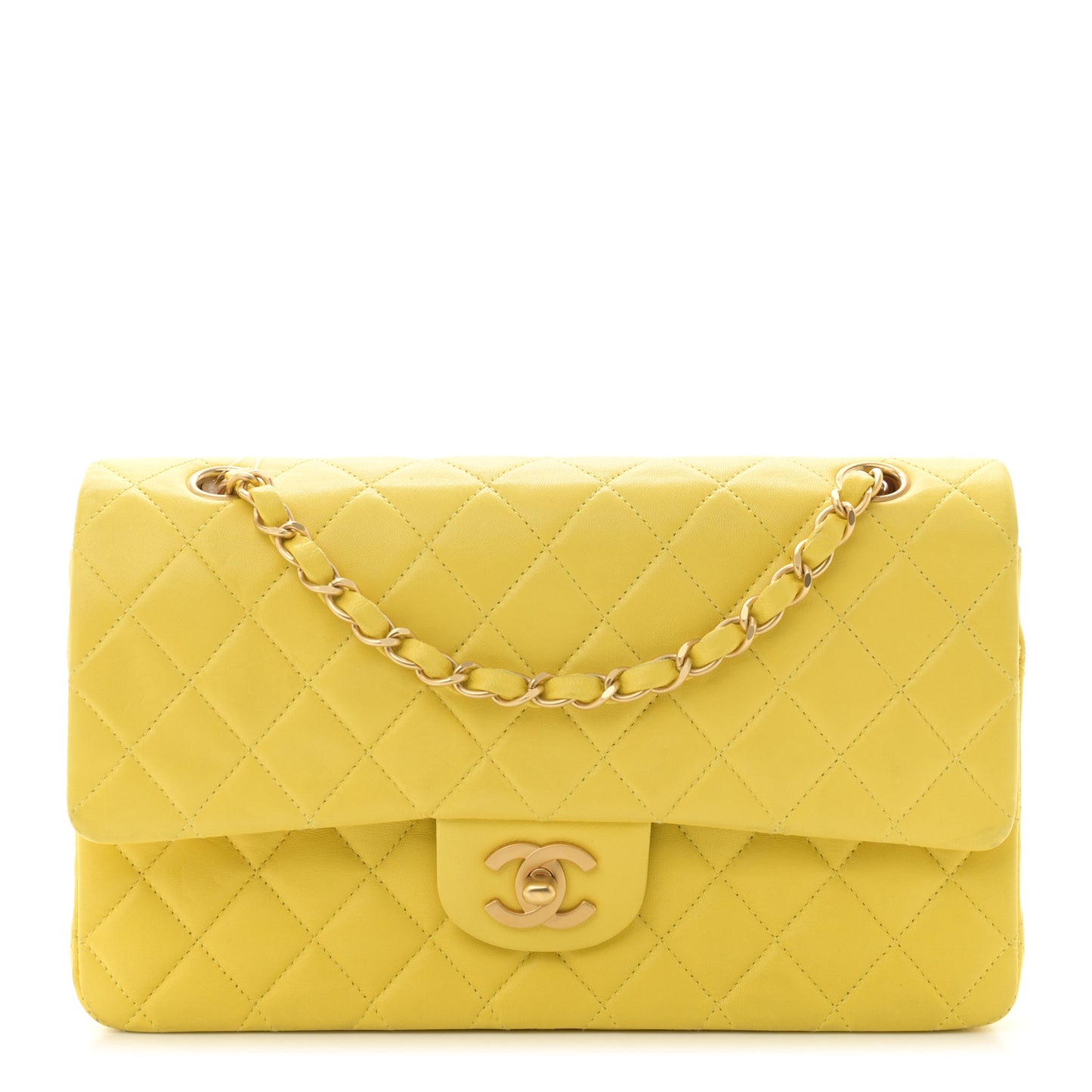 Lambskin Quilted Medium Double Flap Yellow Pink
