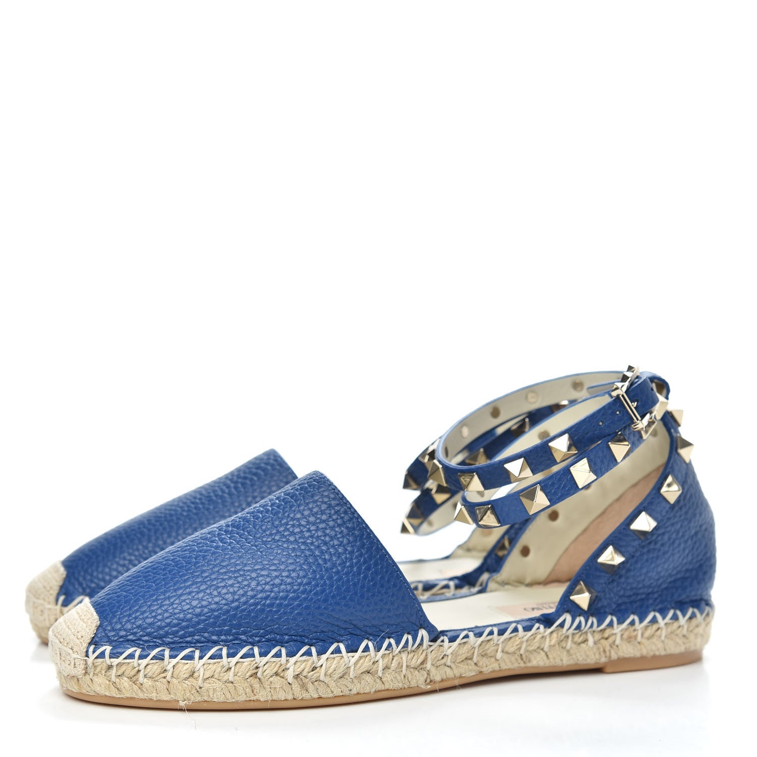 Valentino Garavani Grained Calfskin Rockstud Ankle Wrap Espadrille 20mm Flats 35 Blu Delft 3 of 10