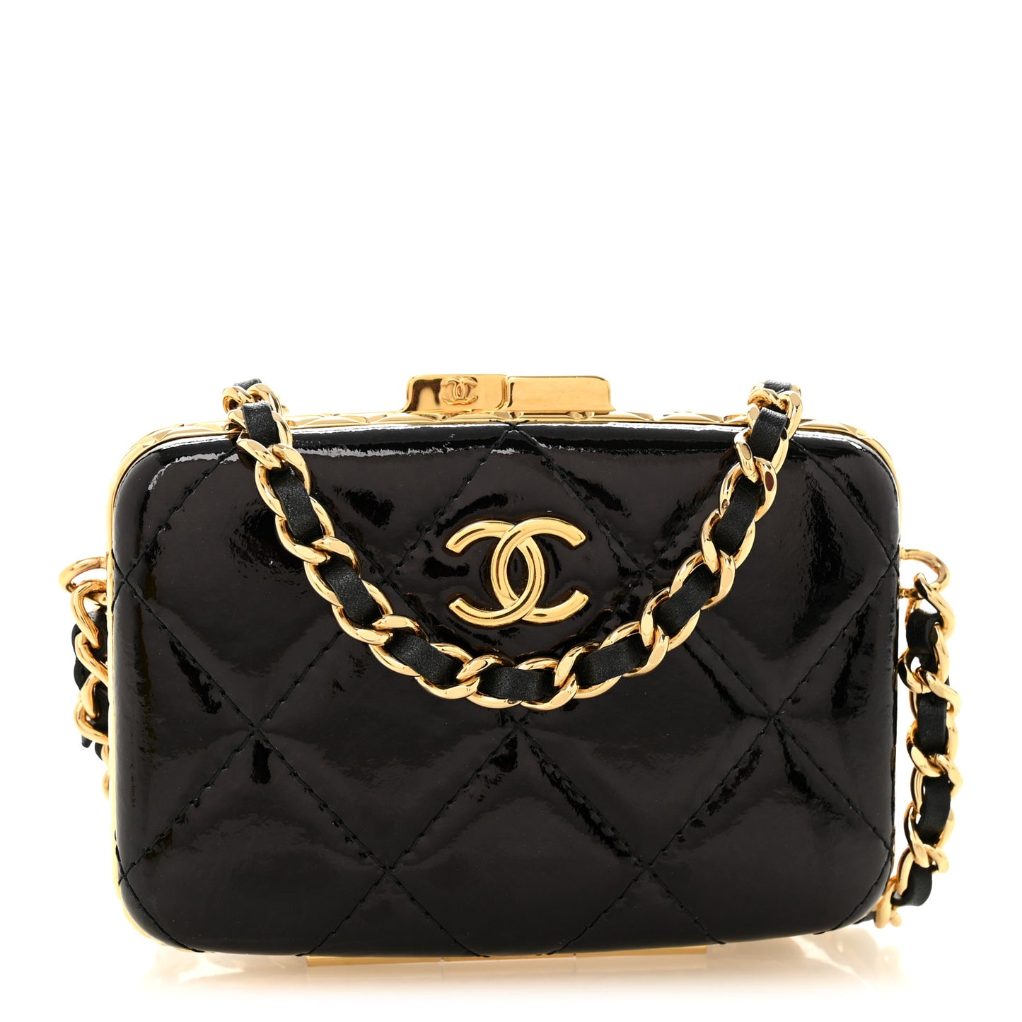 Glazed Goatskin Quilted Small Box With Chain Black