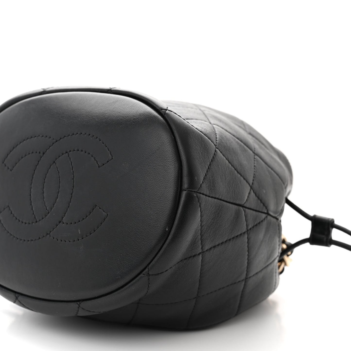 Shiny Lambskin Quilted Chain Is More Drawstring Bag Black