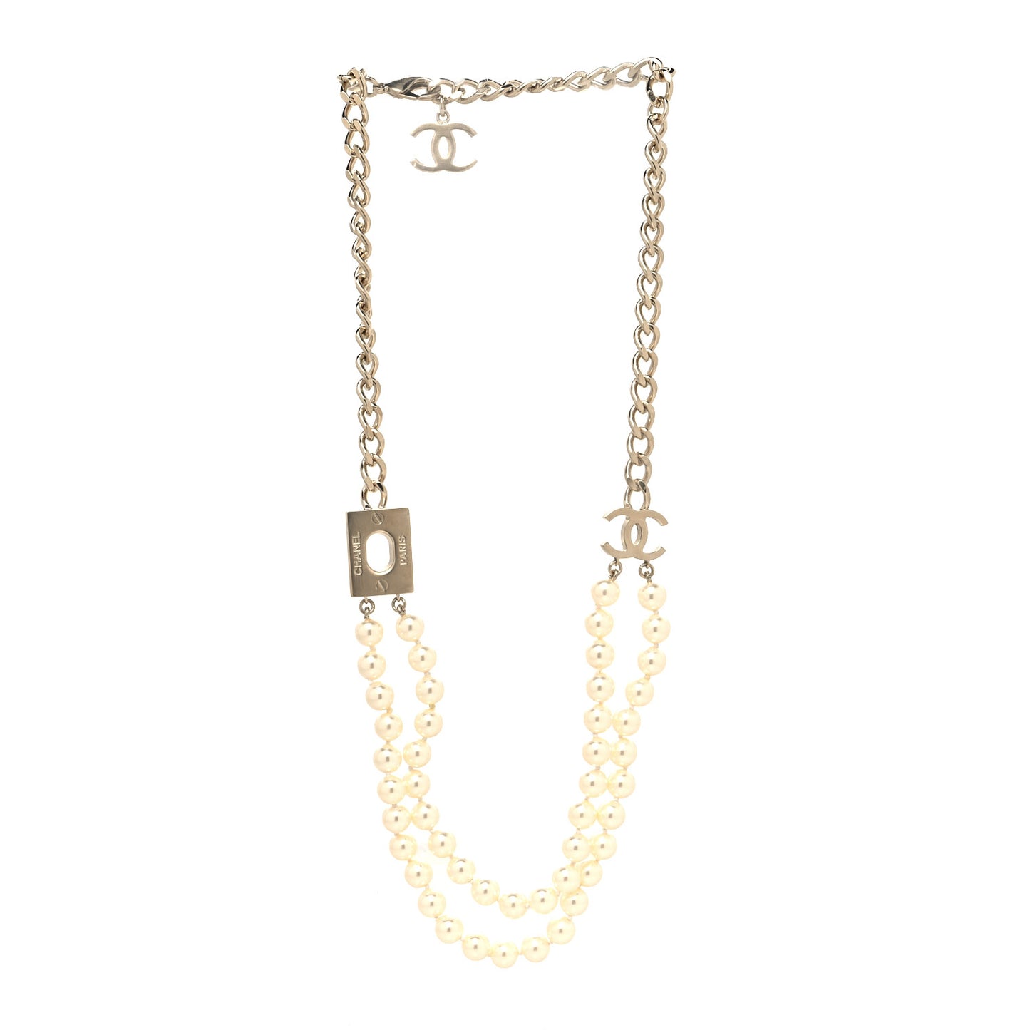 Pearl CC Double Strand Necklace Gold White