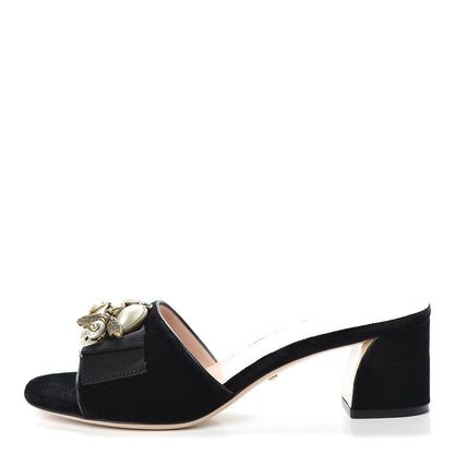 Gucci Velvet Etoile Pearl Embellished Mid Heel Slide Sandals 35.5 Black 1 of 8