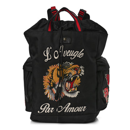 Gucci Techno Canvas Web L'Aveugle Par Amour Embroidered Double Buckle Backpack Black 1 of 9