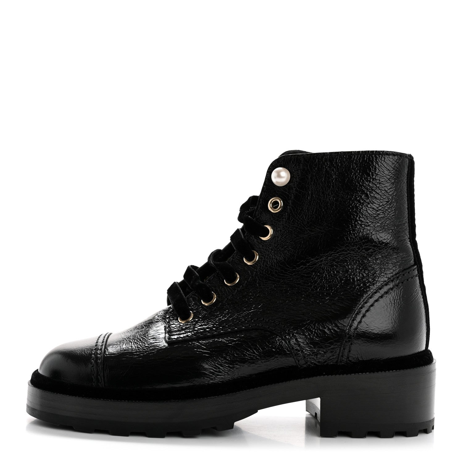 Chanel Shiny Calfskin Velvet Pearl Combat Short Boots 36 Black 1 of 10
