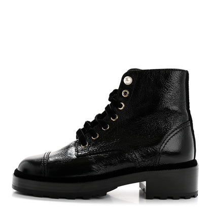 Chanel Shiny Calfskin Velvet Pearl Combat Short Boots 36 Black 1 of 10
