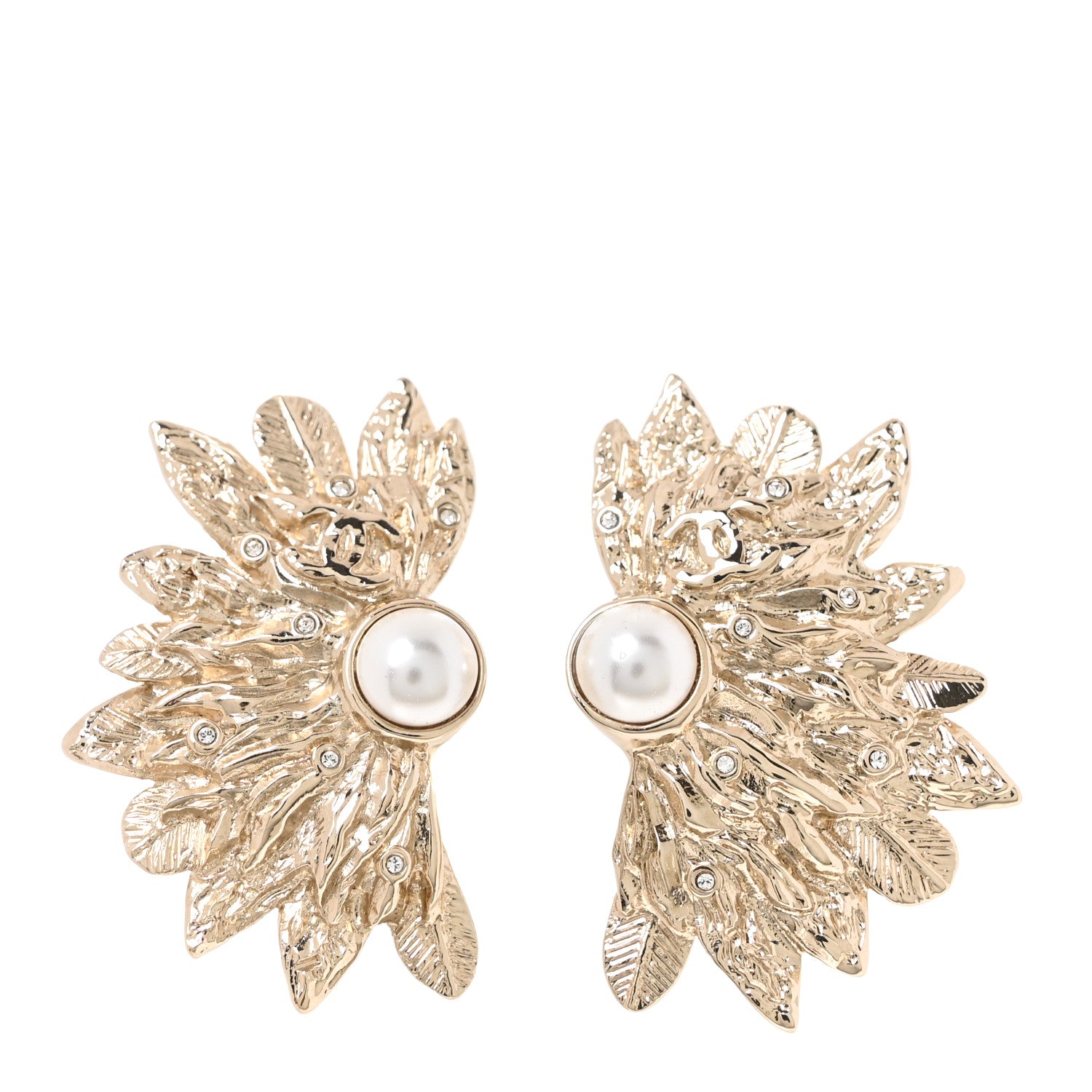 Chanel Metal Pearl Feather Clip On Earrings Gold 1 of 5
