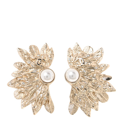 Chanel Metal Pearl Feather Clip On Earrings Gold 1 of 5