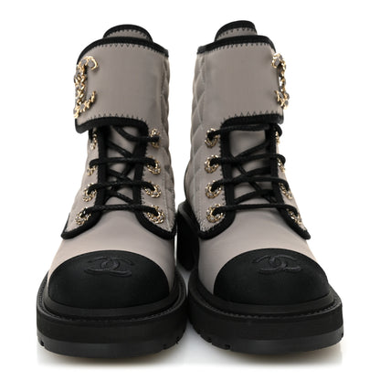 Chanel Fabric Grosgrain Quilted Cap Toe Lace Up Combat Boots 36 Gray 2 of 10