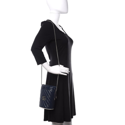 Gucci Vintage Effect Calfskin Matelasse Diagonal Mini Torchon GG Marmont 2.0 Bucket Bag Blue Agata Mystic White 2 of 10