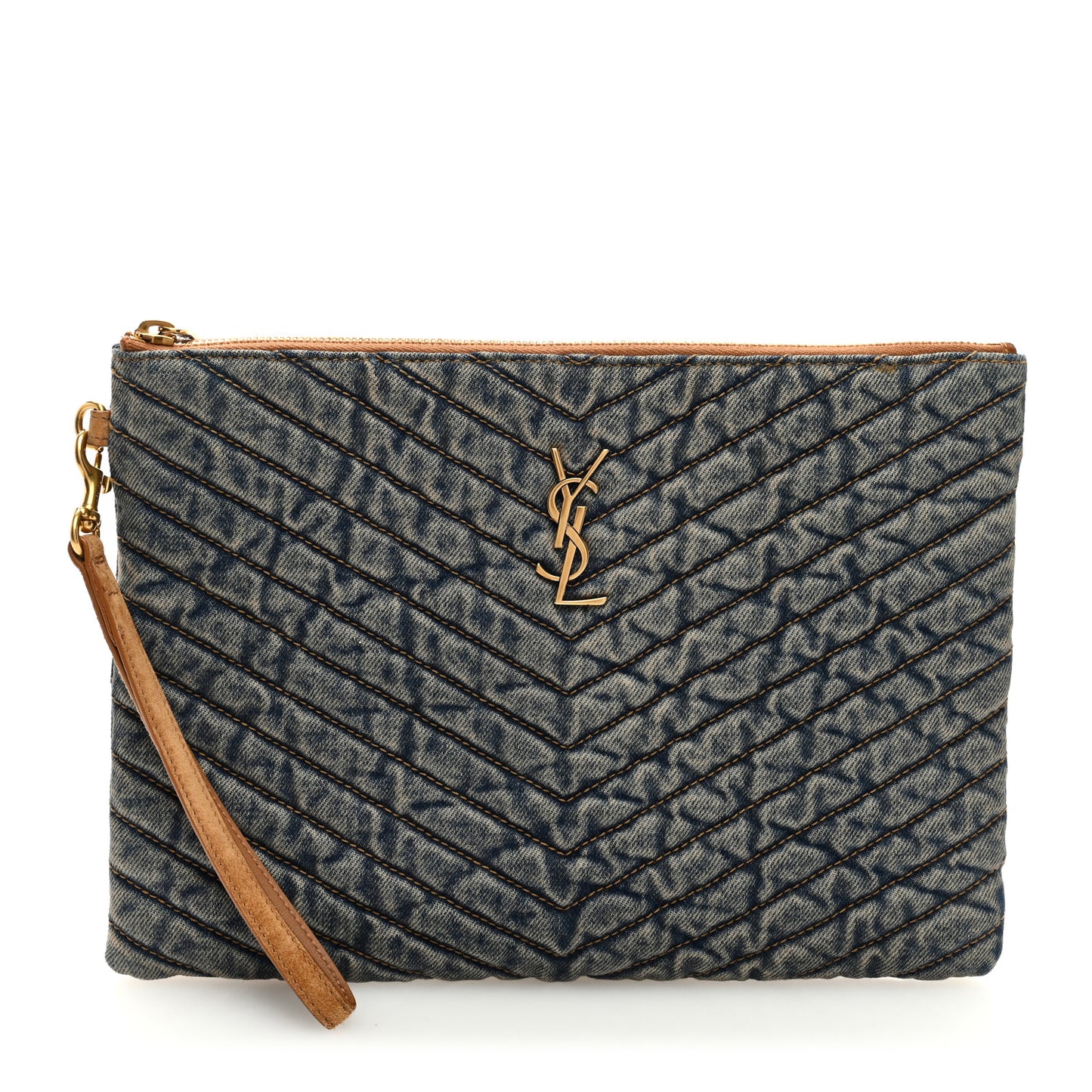 Denim Matelasse Chevron Monogram A5 Wristlet Blue