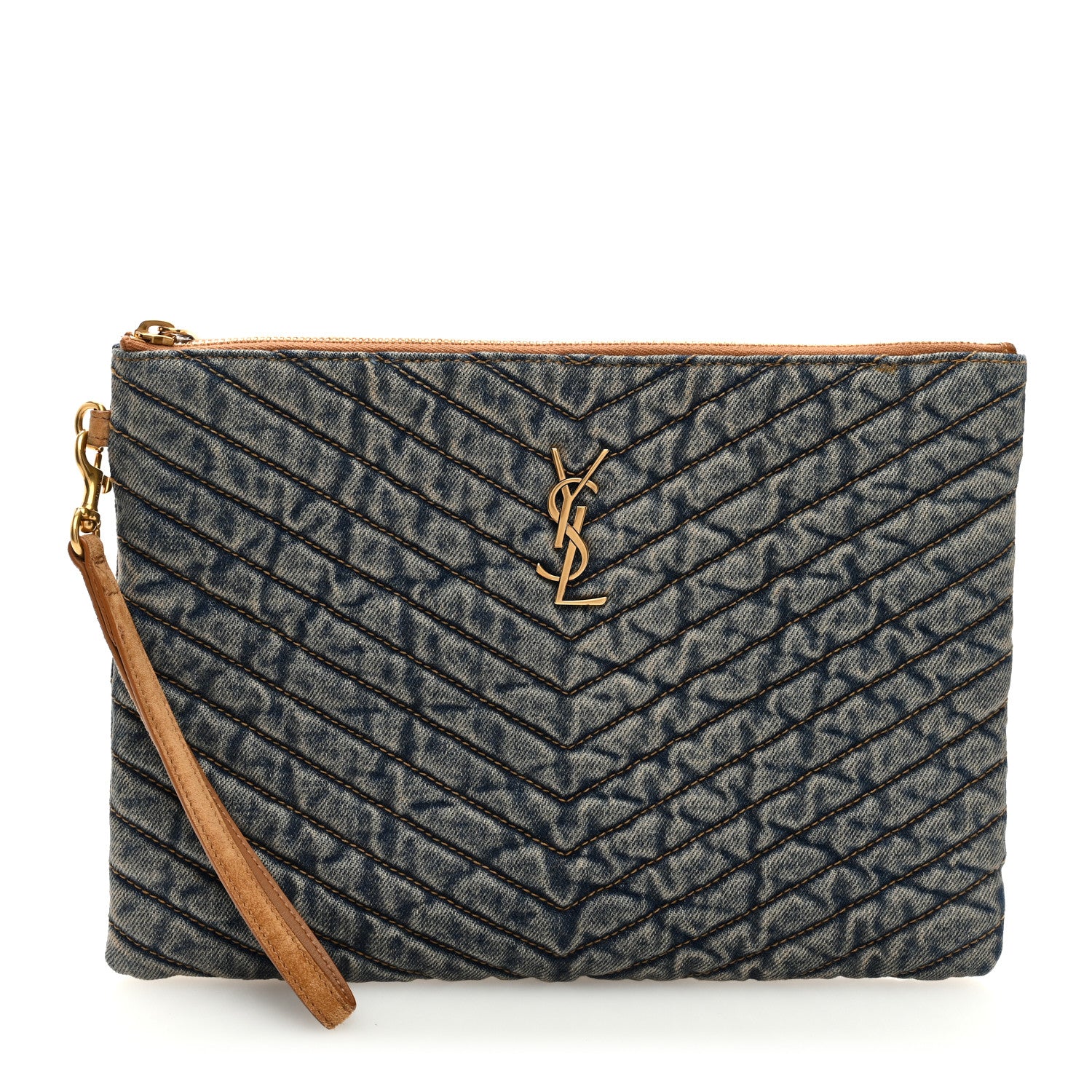 Saint Laurent Denim Matelasse Chevron Monogram A5 Wristlet Blue 1 of 6