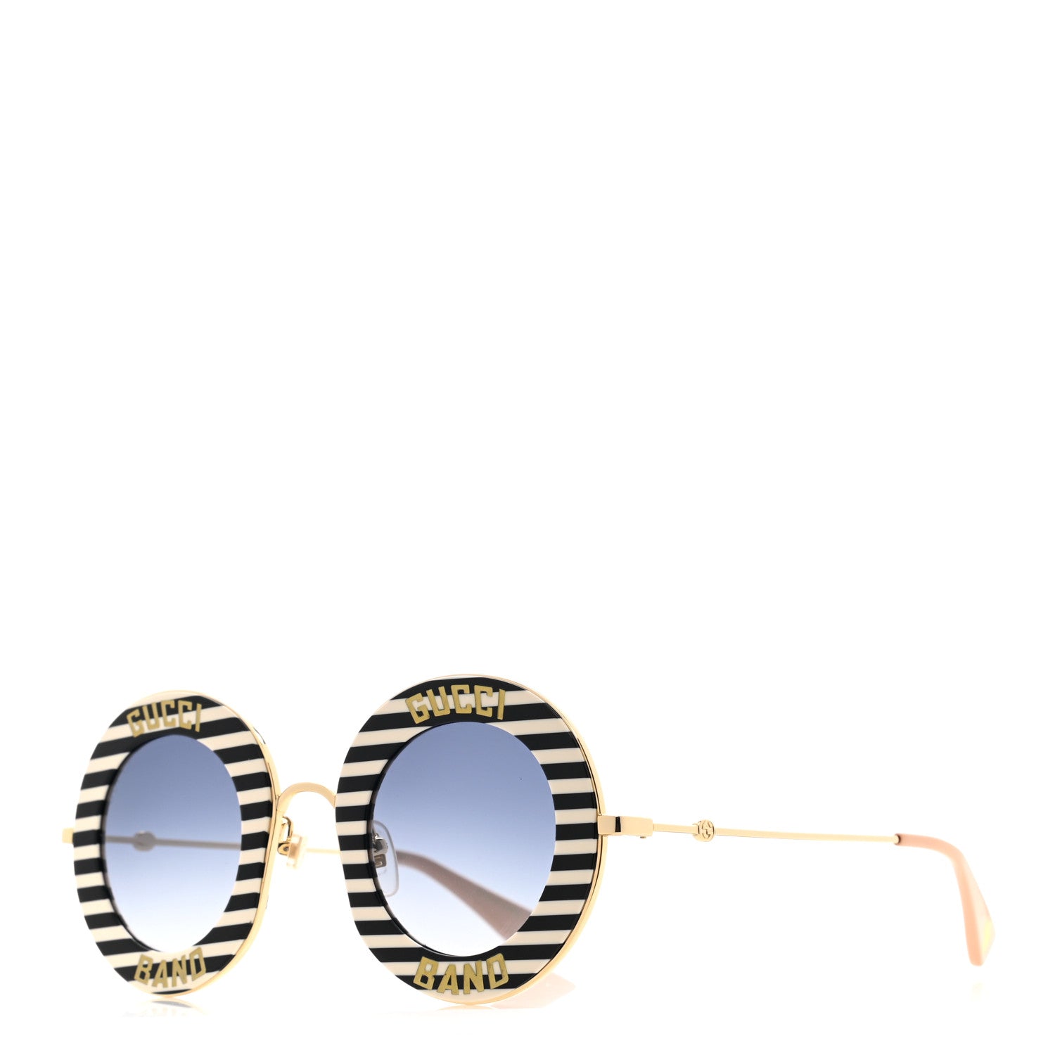 Gucci Metal Acetate Striped Gucci Band Round Frame Sunglasses GG0113S Black White 1 of 7