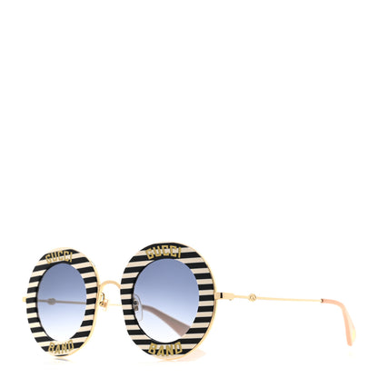 Gucci Metal Acetate Striped Gucci Band Round Frame Sunglasses GG0113S Black White 1 of 7