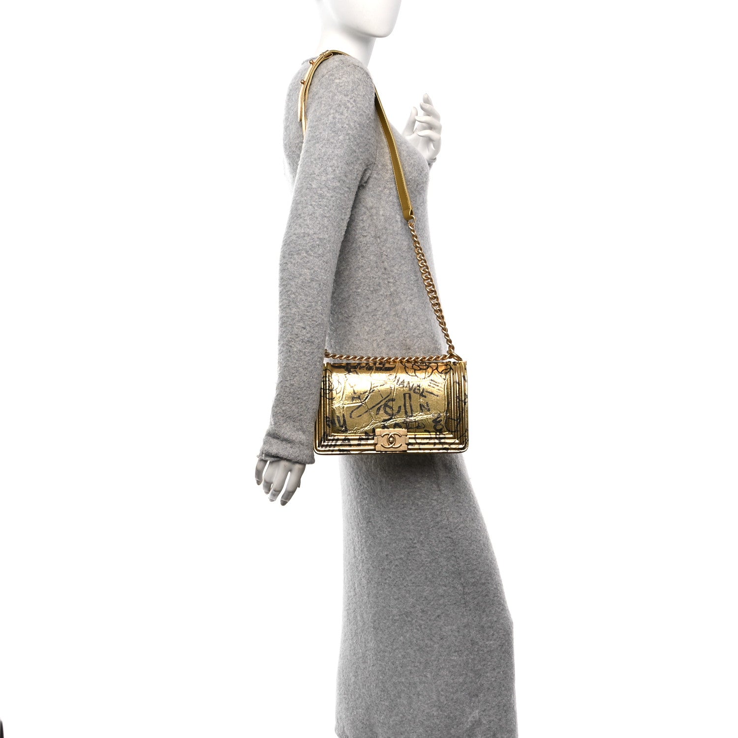 Chanel Metallic Calfskin Crocodile Embossed Graffiti Medium Cocodile Boy Flap Gold 2 of 10