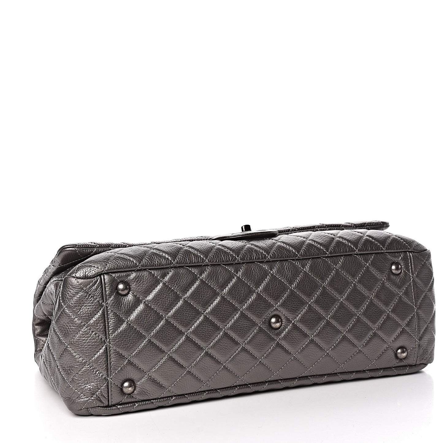 Metallic Calfskin Quilted XXL Travel Flap Bag Dark Silver