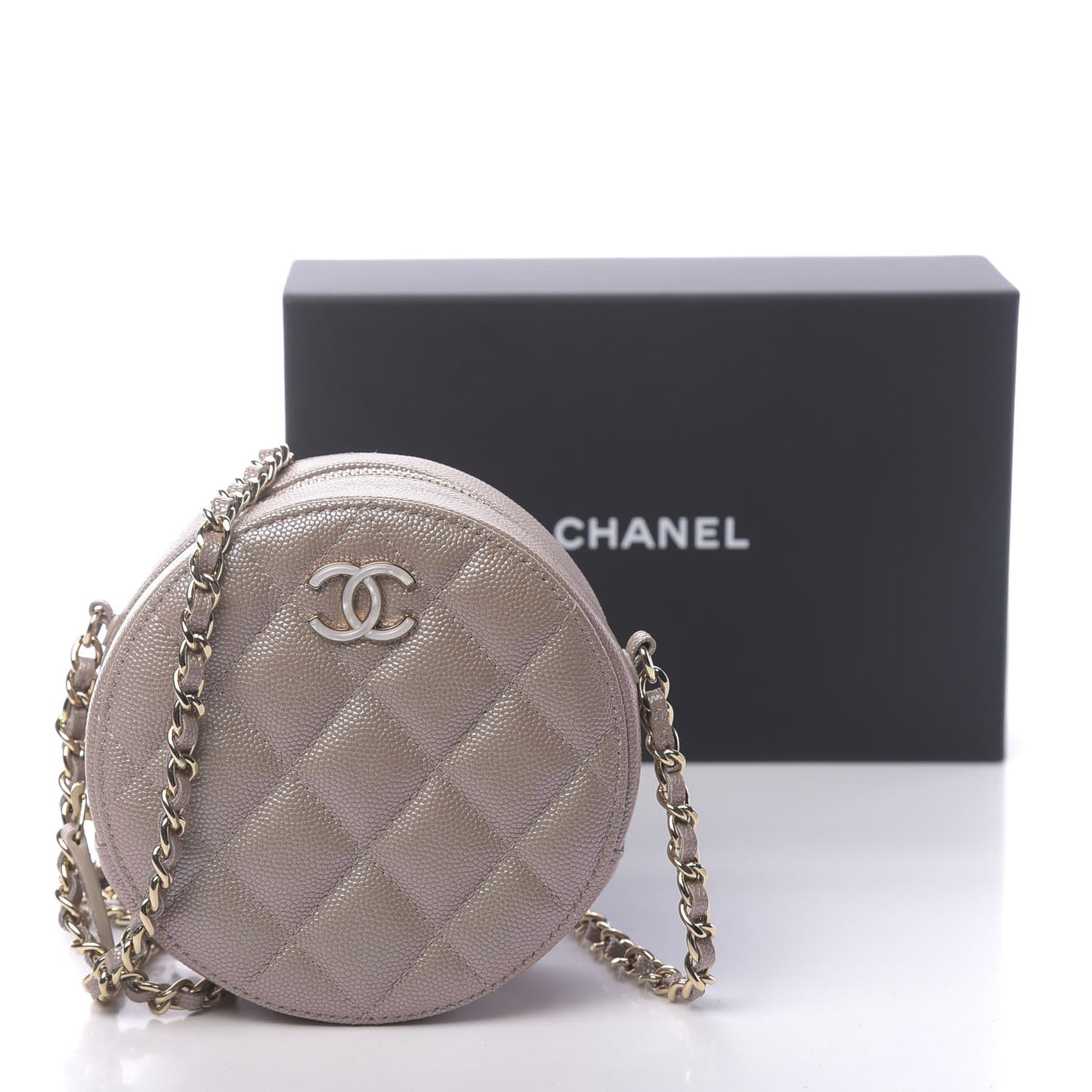 Iridescent Caviar Quilted Round Clutch With Chain Beige