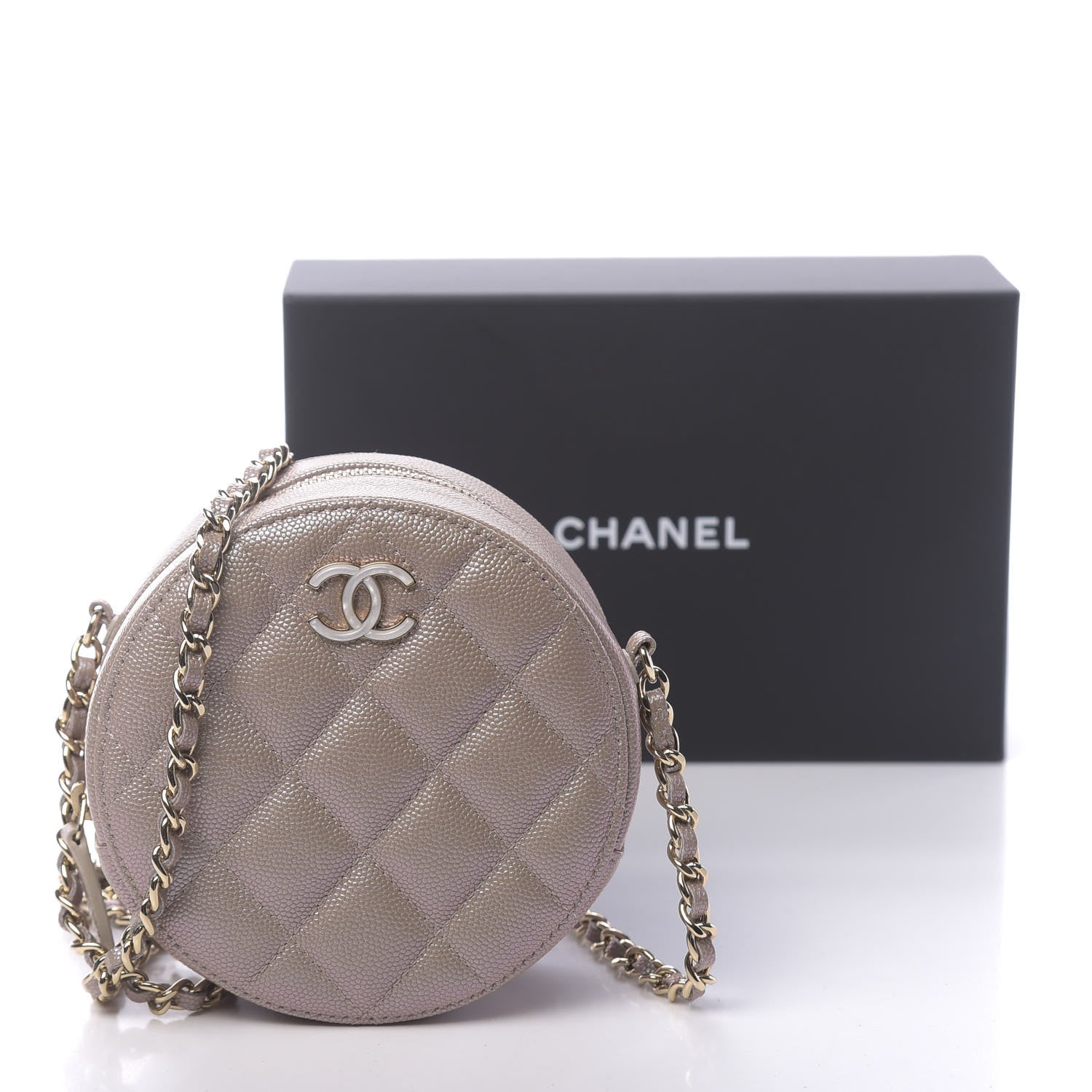 Chanel Iridescent Caviar Quilted Round Clutch With Chain Beige 11 of 11