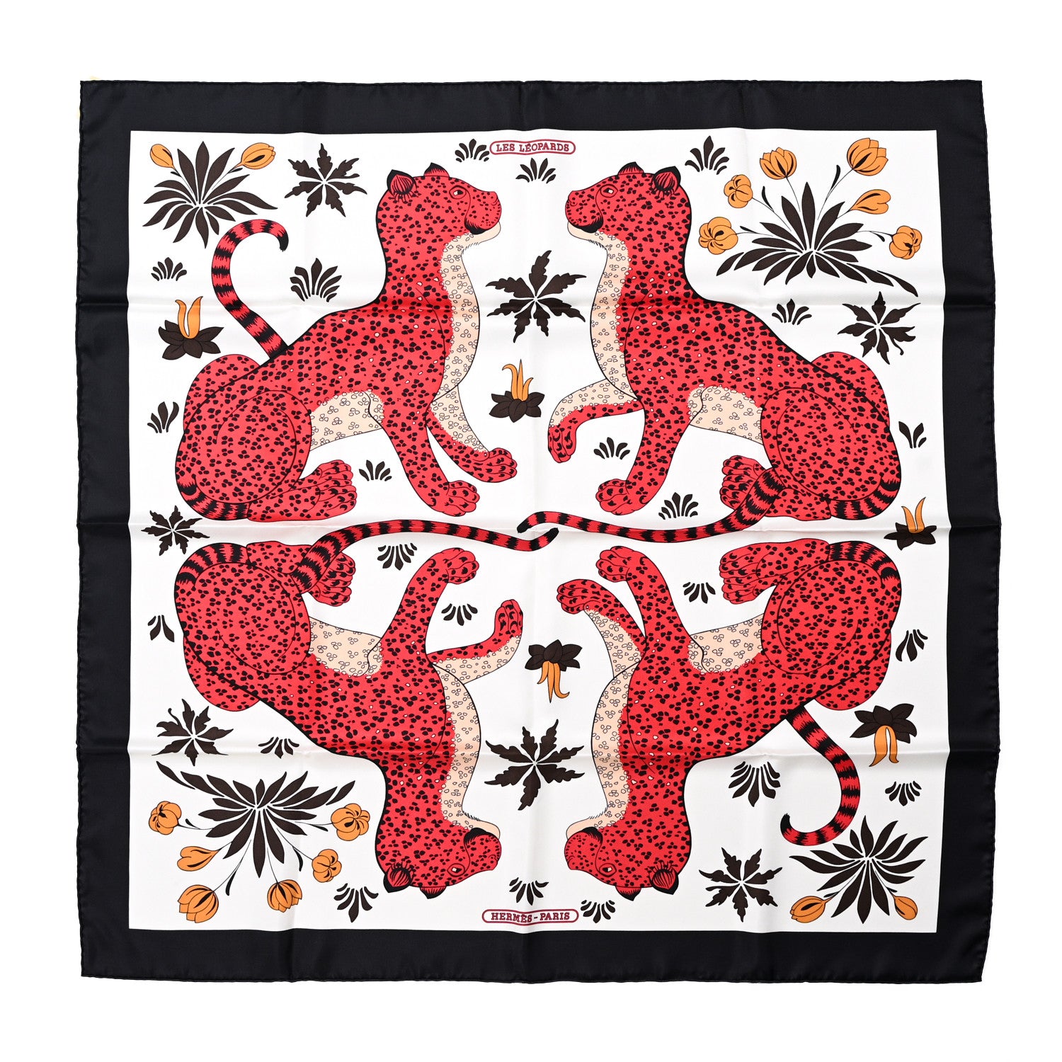 Hermes Silk Les Leopards Scarf 90 Black White Rouge 1 of 5