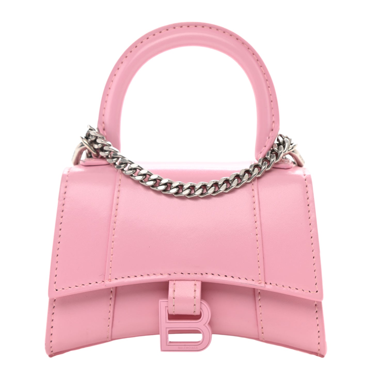 Shiny Box Calfskin Tonal B Hourglass Top Handle Bag Mini with Chain Candy Pink