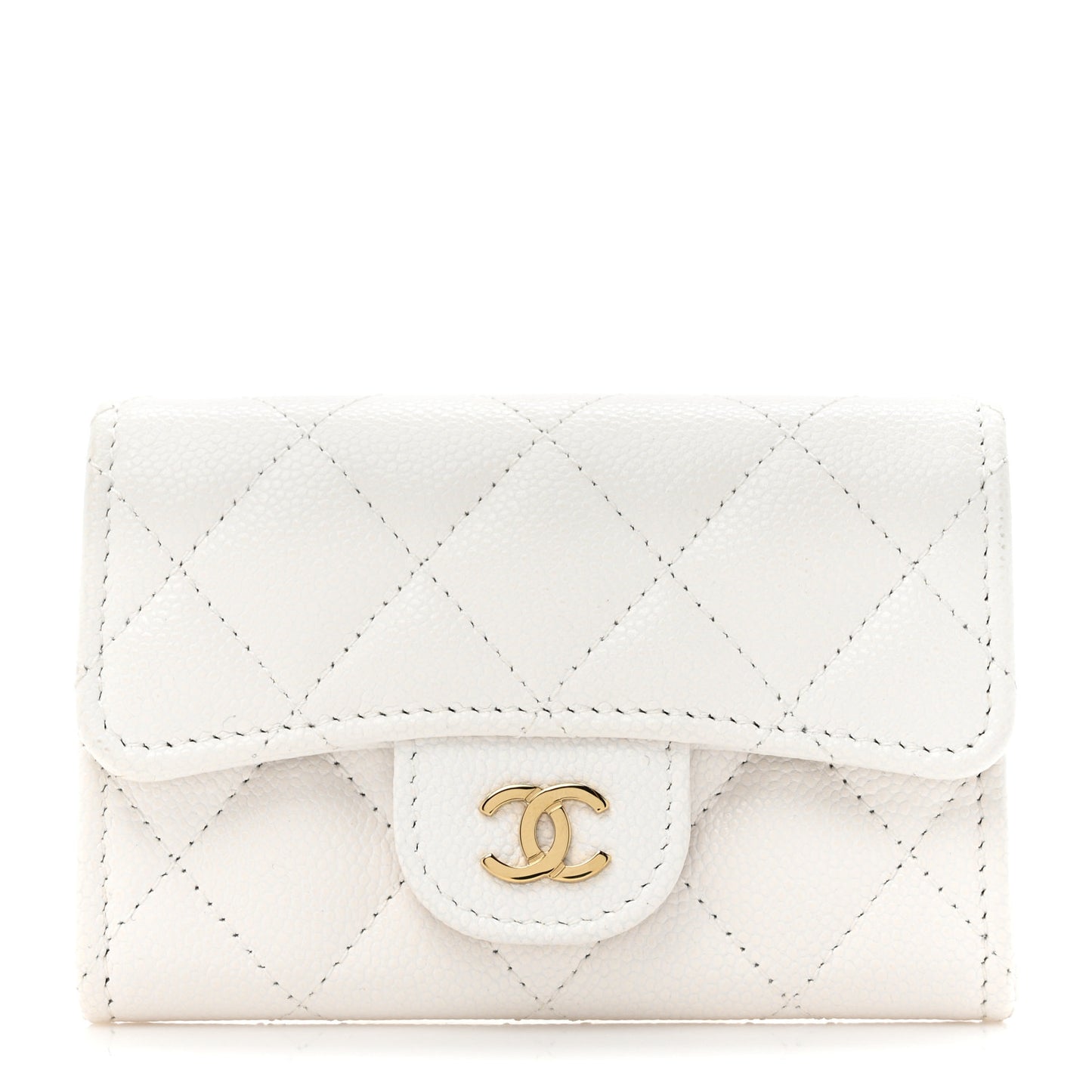 Caviar Quilted Flap Card Holder Wallet White