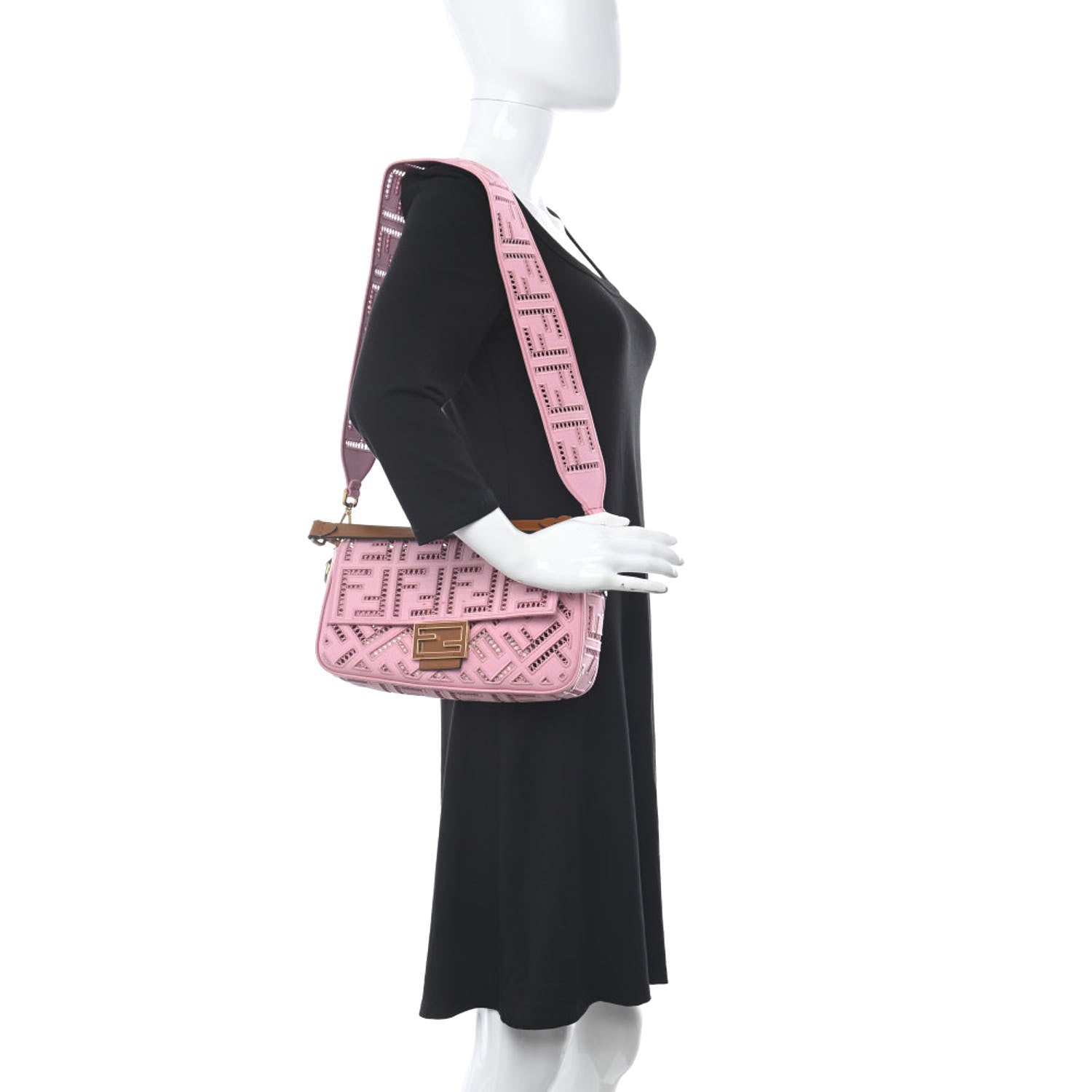 Fendi Canvas Cuoio Agata FF Ajour Embroidered Baguette Ciclamino Cuoio 2 of 9