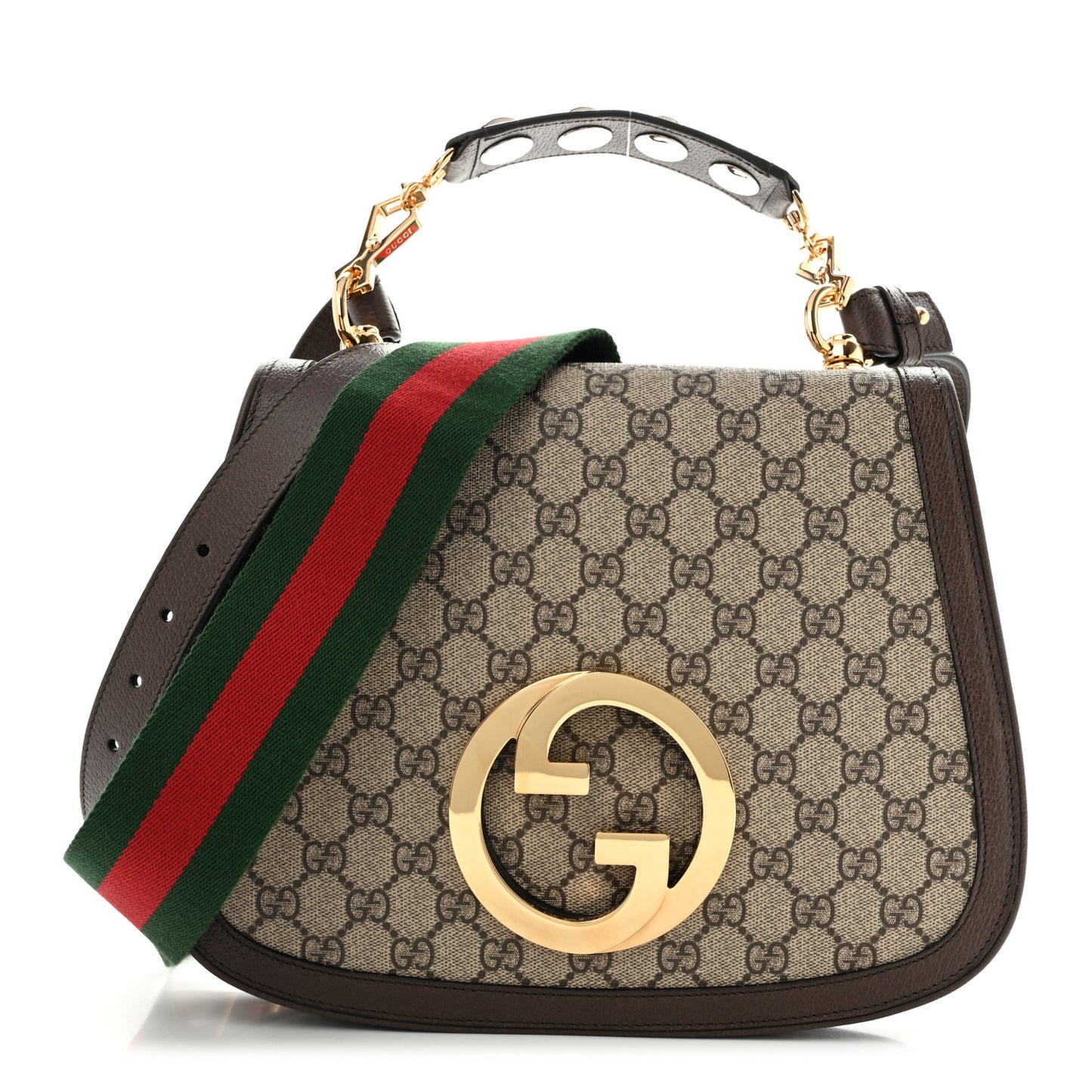 GG Supreme Monogram Textured Dollar Calfskin Web Medium Blondie Top Handle Shoulder Flap Bag Beige Ebony New Acero