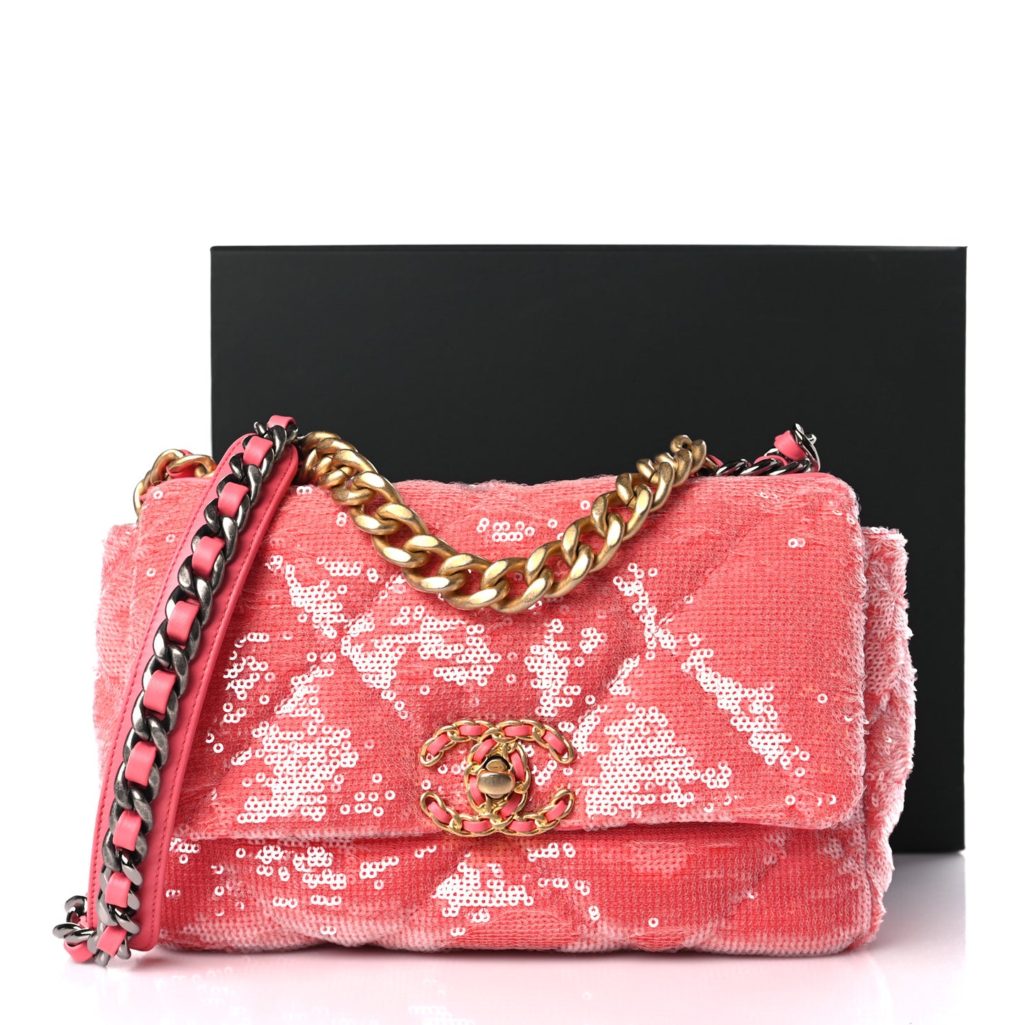 Sequin Quilted Medium Chanel 19 Flap Coral