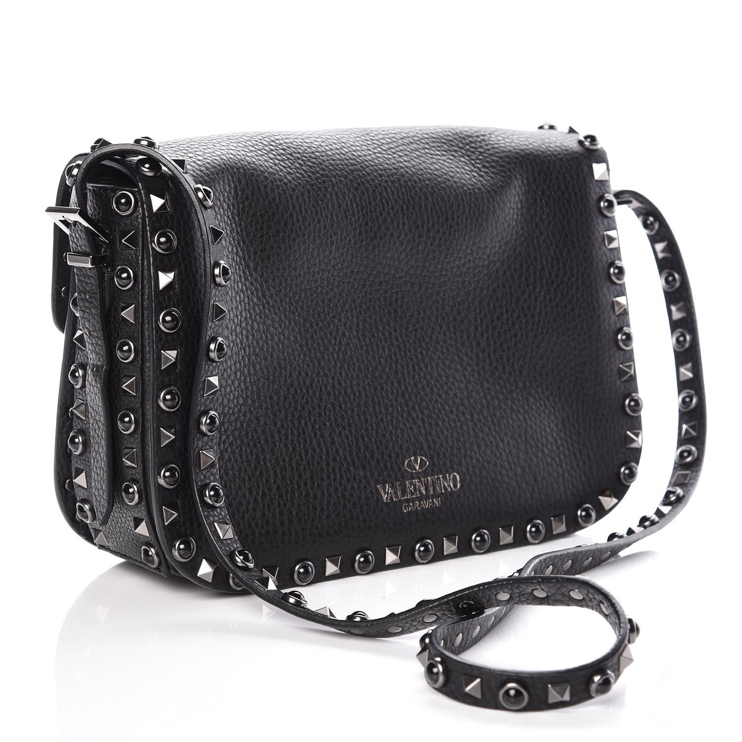 Valentino Garavani Pebbled Calfskin Onyx Medium Rockstud Rolling Flap Saddle Bag Black 3 of 8