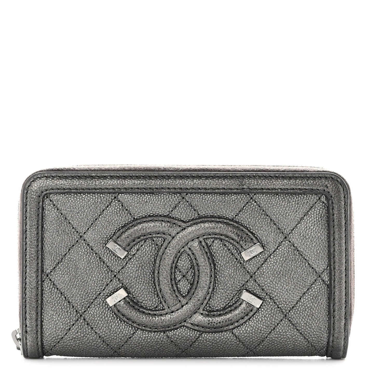 Caviar Quilted Medium Filigree Zip Around Wallet Dark Silver