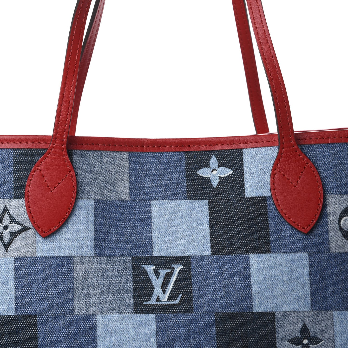 Denim Damier Monogram Patchwork Neverfull Blue Rouge
