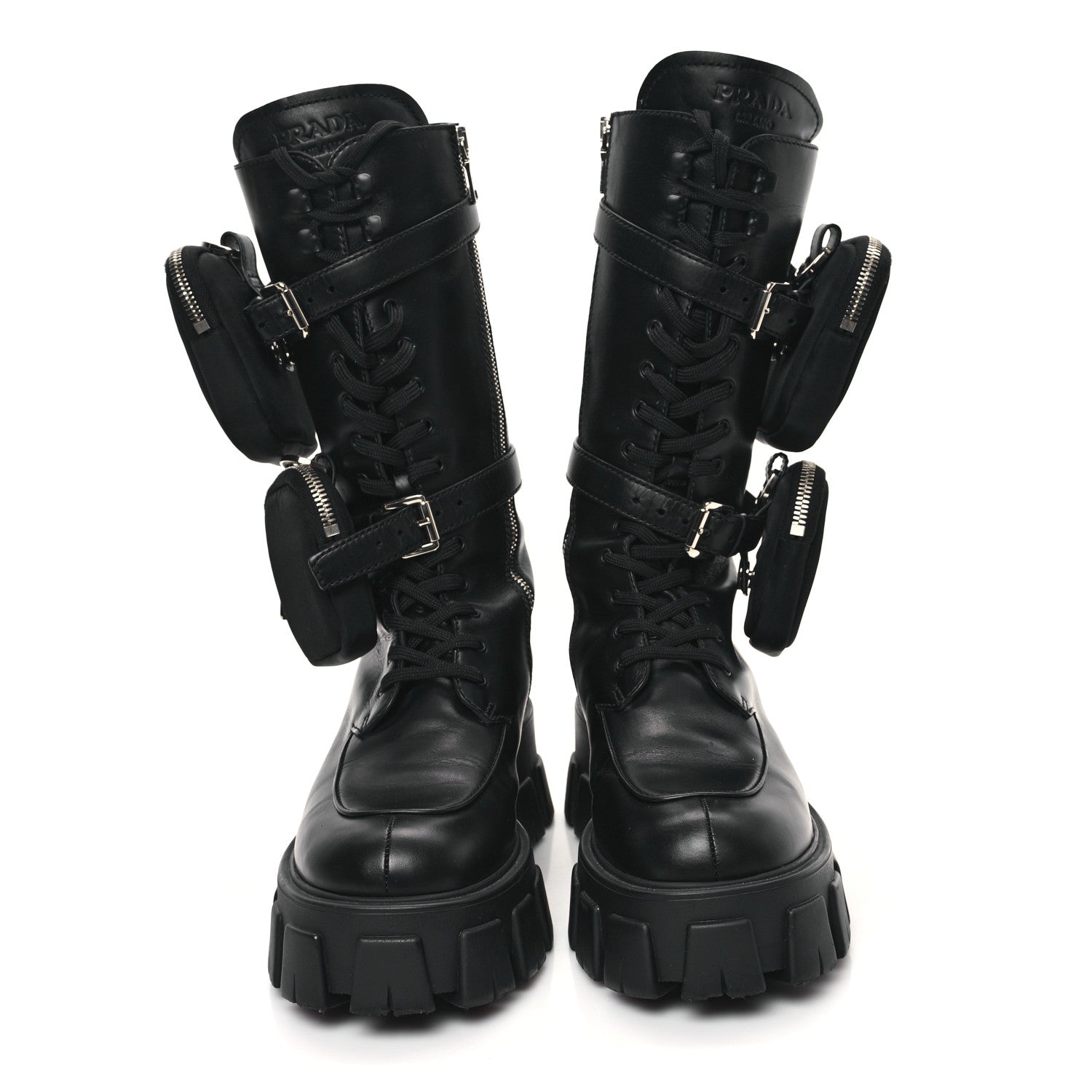 Prada Spazzolato Rois Re-Nylon Metal Triangle Logo Monolith Pouch Pocket 55mm Tall Combat Boots 40 Black 2 of 9
