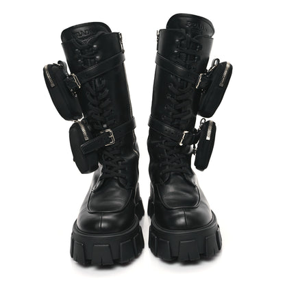 Prada Spazzolato Rois Re-Nylon Metal Triangle Logo Monolith Pouch Pocket 55mm Tall Combat Boots 40 Black 2 of 9