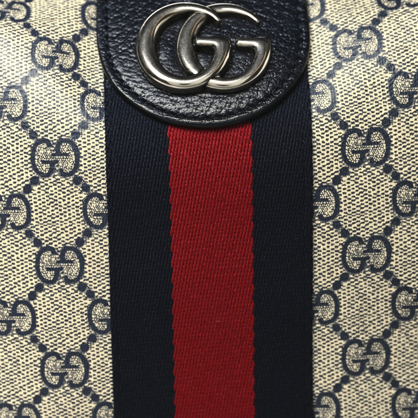 GG Supreme Monogram Textured Dollar Calfskin Web Small Ophidia Half Moon Hobo Beige Blue