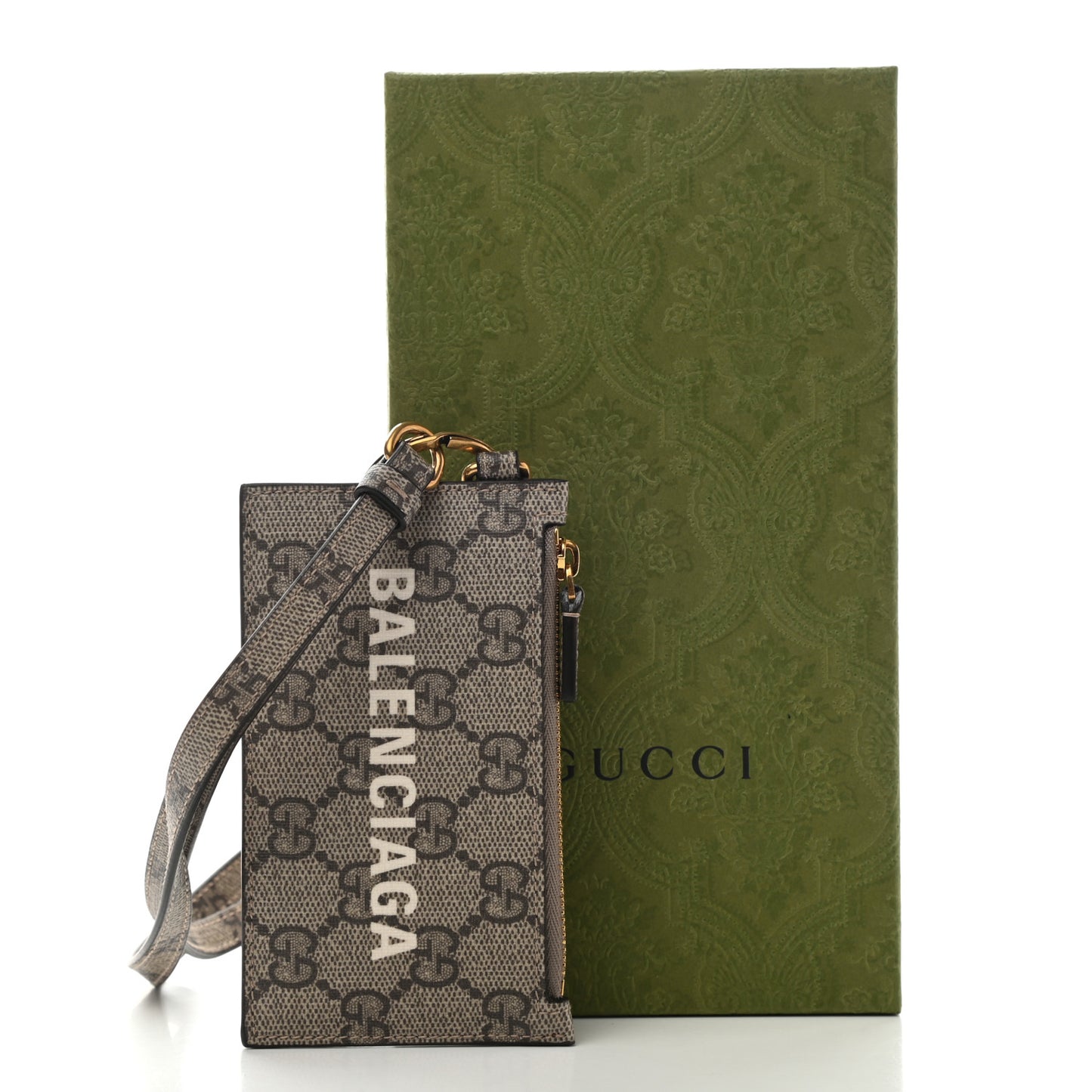 X BALENCIAGA GG Supreme Monogram Logo Card Case With Strap Beige Ebony