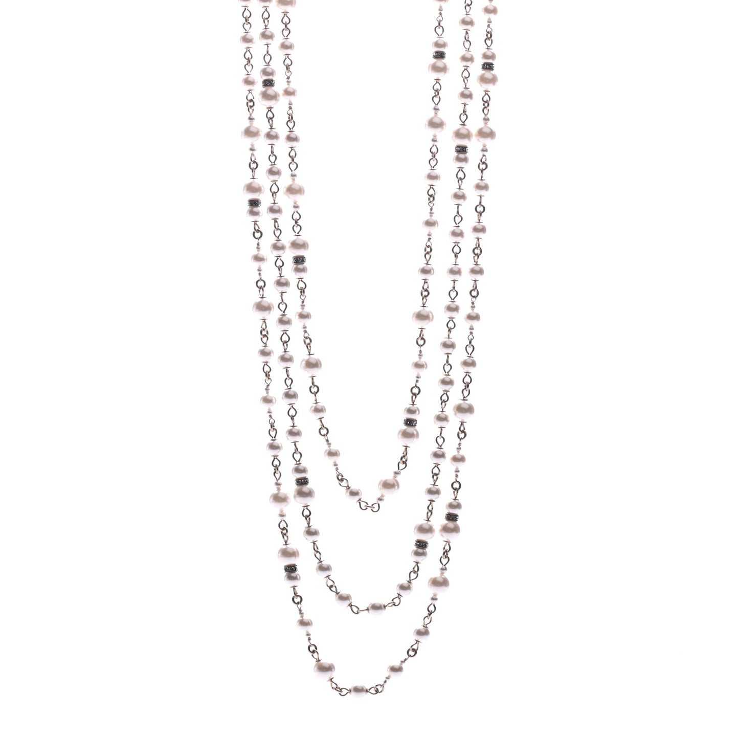 Graduated Pearl Crystal CC Multi Strand Long Necklace Gold