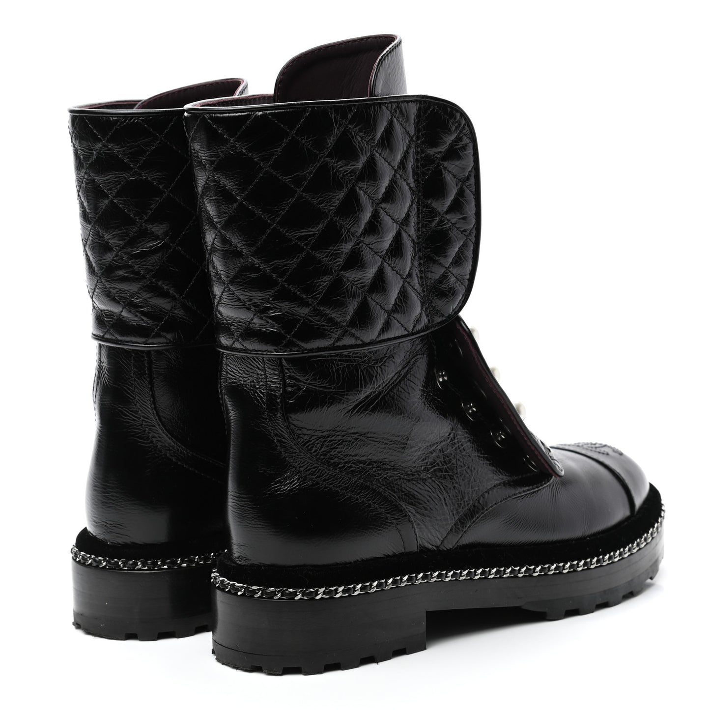 Crackled Calfskin Velvet Pearl Combat Boots 35.5 Black