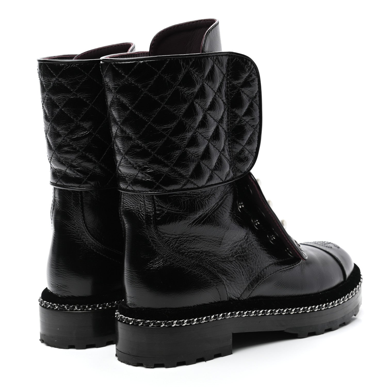 Chanel Crackled Calfskin Velvet Pearl Combat Boots 35.5 Black 4 of 8
