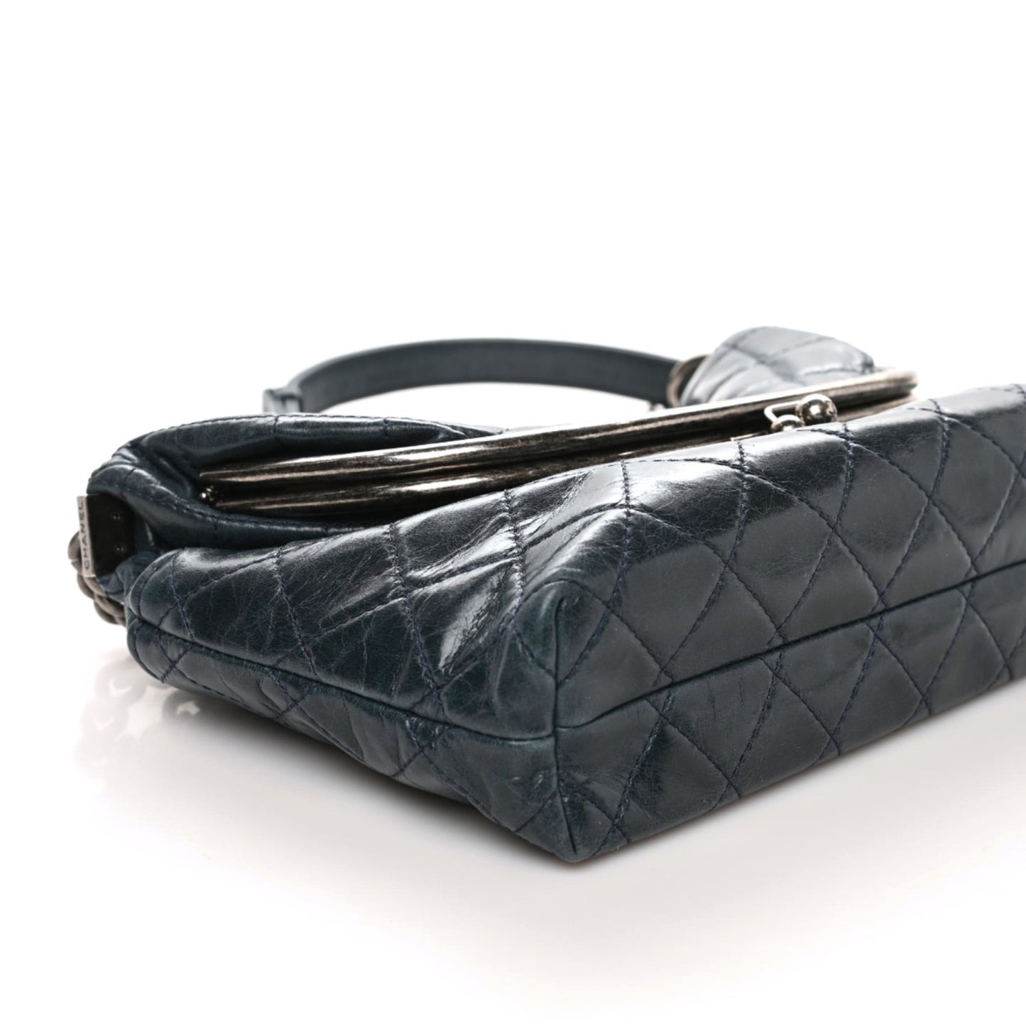 Glazed Calfskin Quilted Framed Shoulder Bag Blue