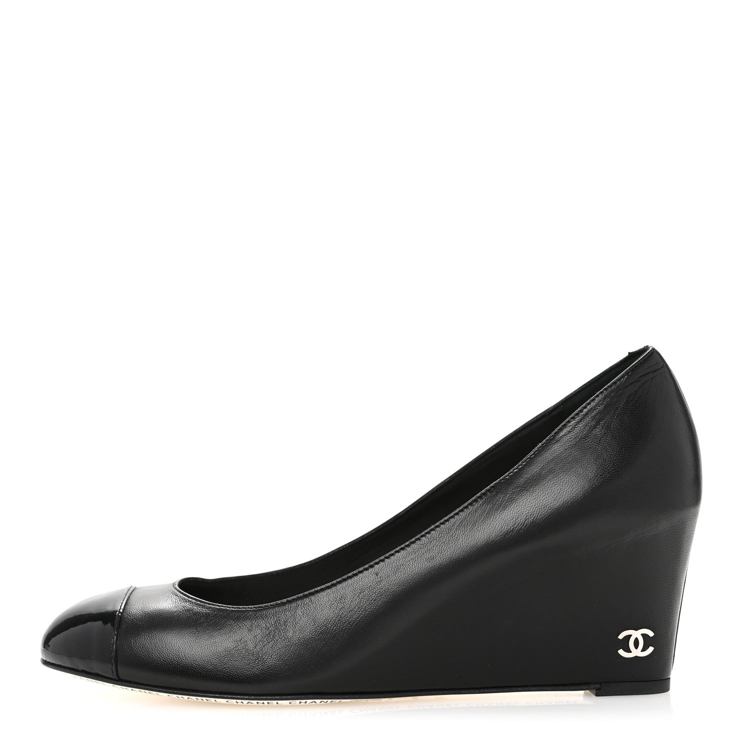 Chanel Lambskin Patent Cap Toe Wedges 40 Black 1 of 11