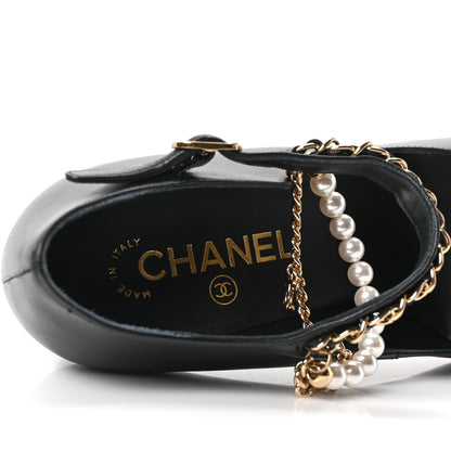 Chanel Shiny Lambskin Patent Calfskin Cap Toe Ankle Pearl Chain Pumps 39.5 Black 16 of 20