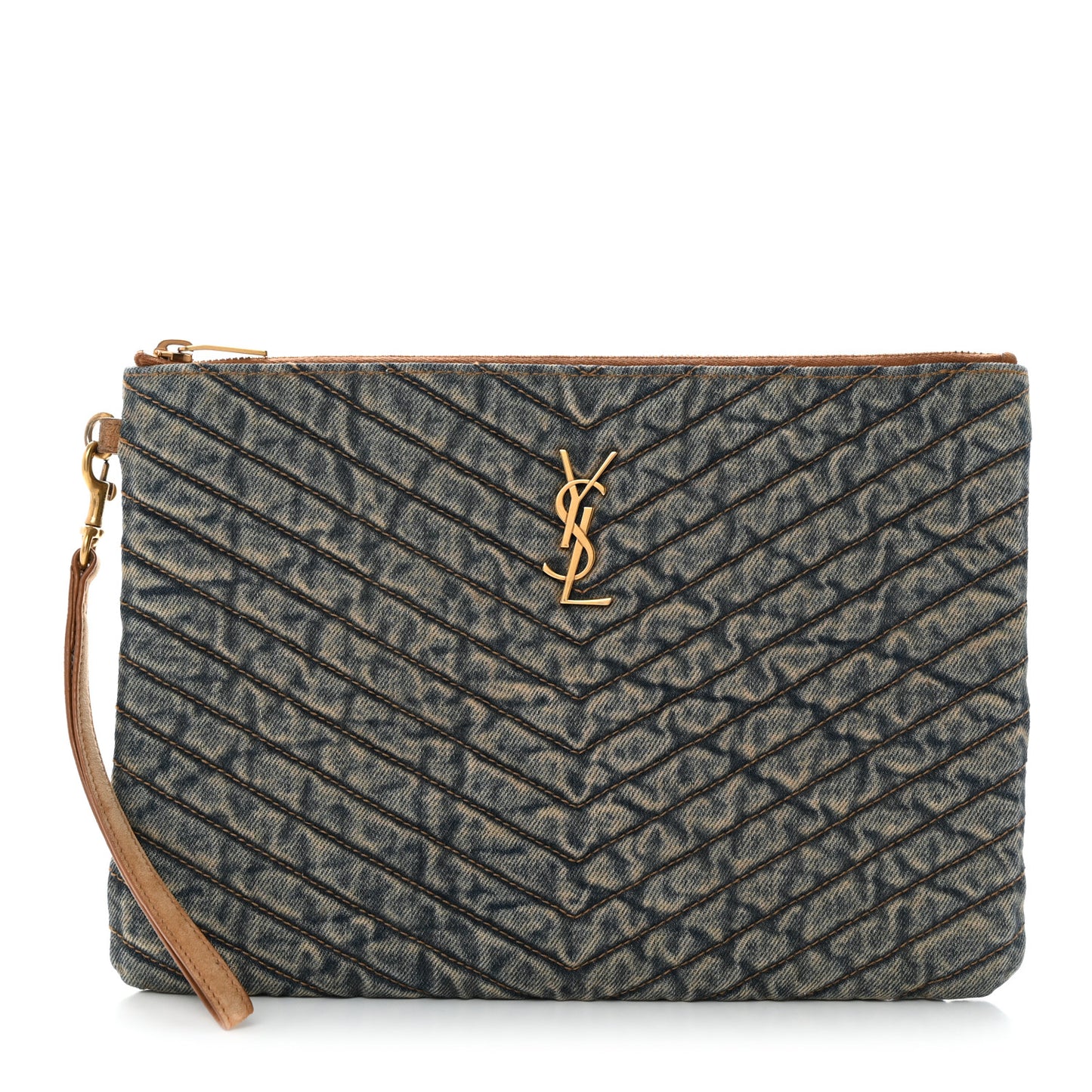 Denim Matelasse Chevron Monogram A5 Wristlet Blue