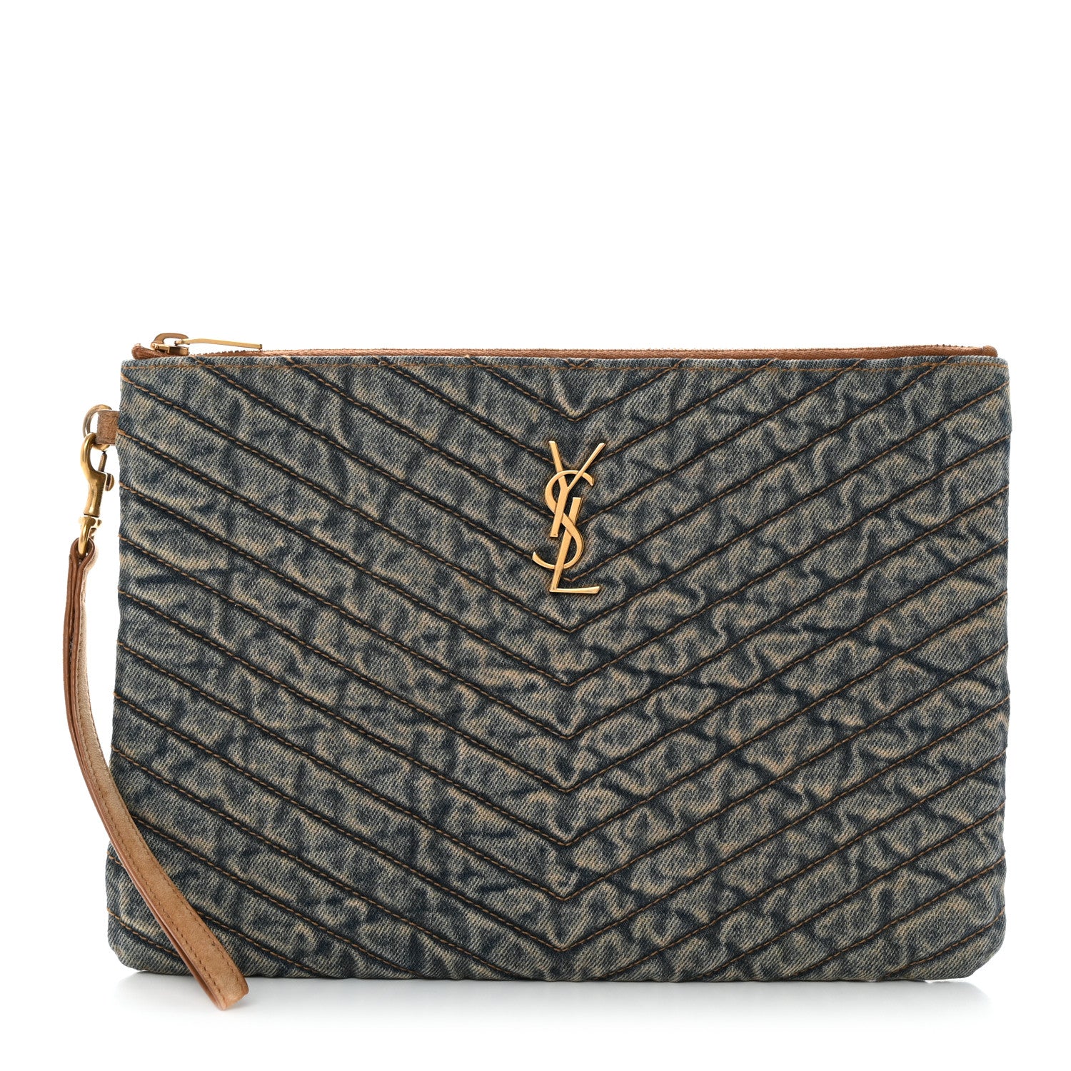 Saint Laurent Denim Matelasse Chevron Monogram A5 Wristlet Blue 1 of 8