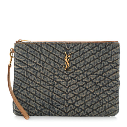 Saint Laurent Denim Matelasse Chevron Monogram A5 Wristlet Blue 1 of 8