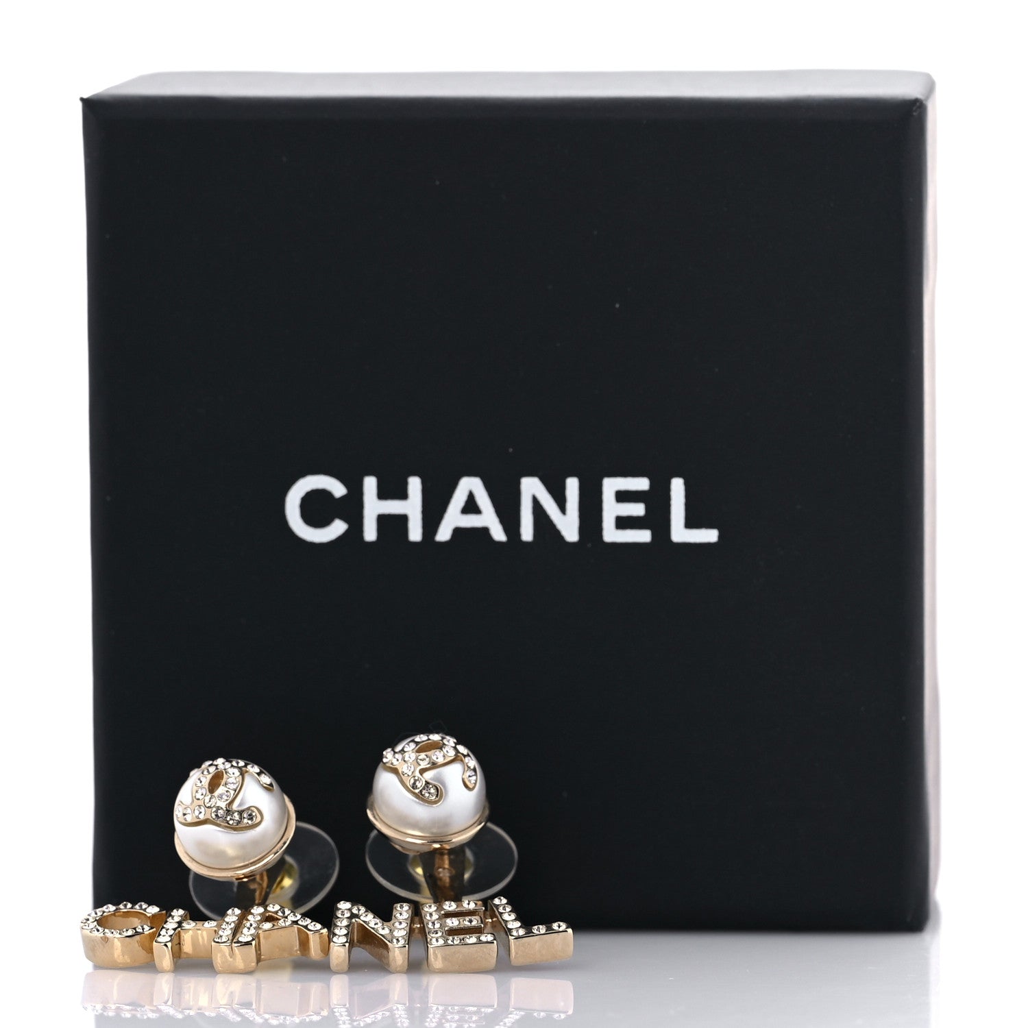 Chanel Pearl Crystal Logo Earrings Gold Pearly White 5 of 5