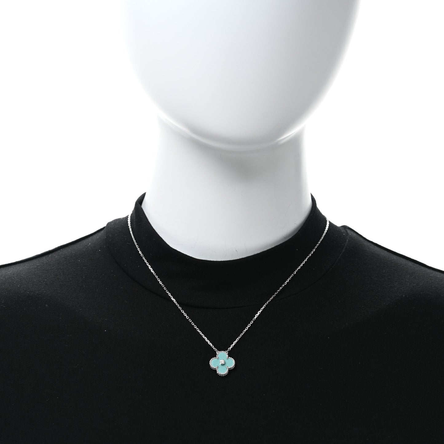 18K White Gold Diamond Celadon Green Sevres Porcelain Vintage Alhambra Pendant Necklace