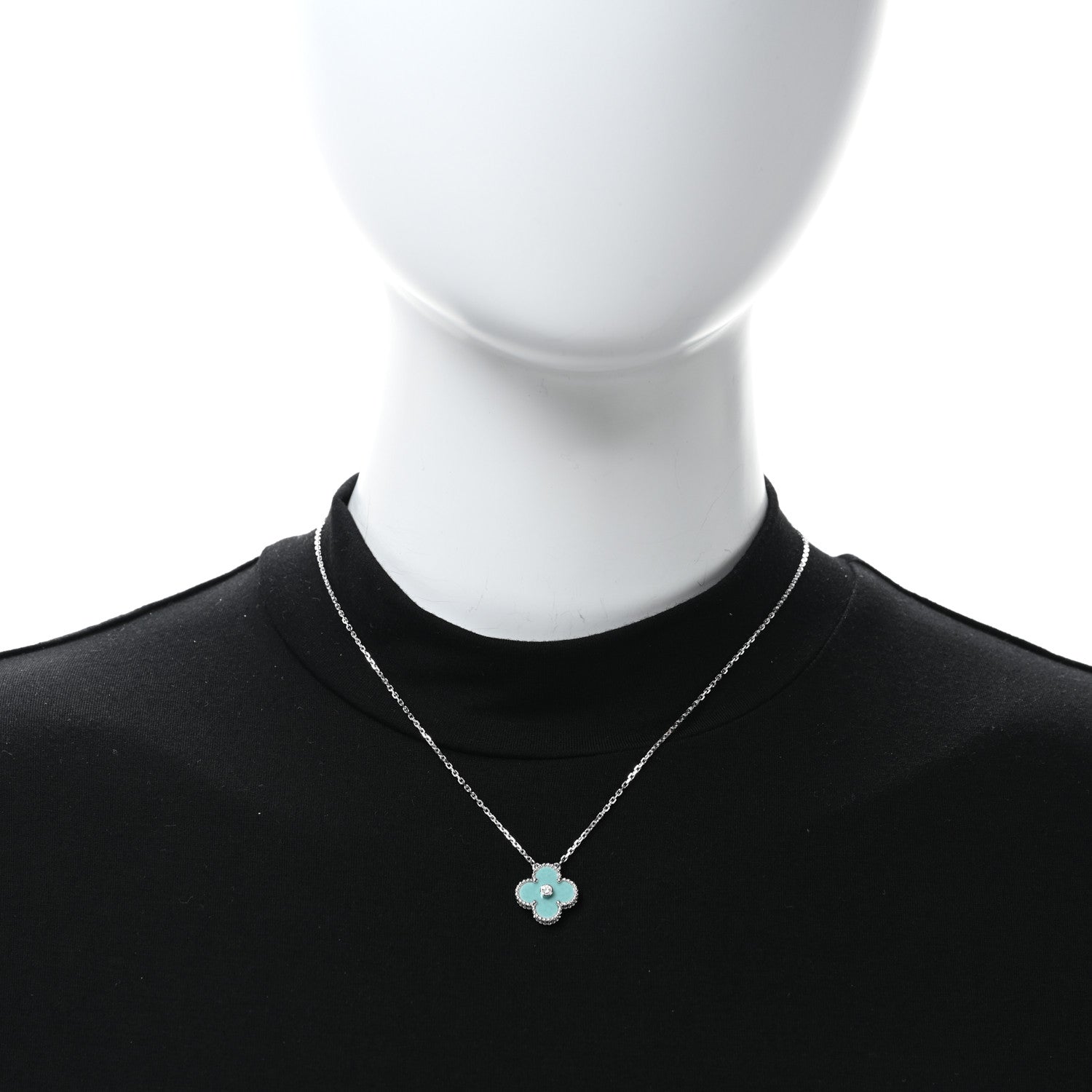 Van Cleef & Arpels 18K White Gold Diamond Celadon Green Sevres Porcelain Vintage Alhambra Pendant Necklace 2 of 5